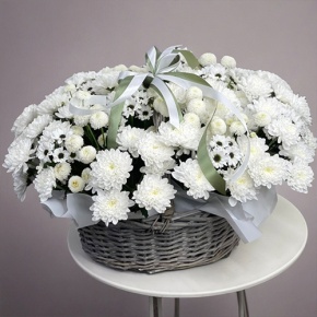 Композиция в корзине "Снежная лавина" из хризантем в Красногорске